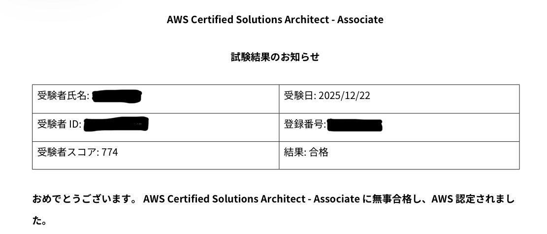 AWS Certified Solutions Architect - Associateの試験結果。受験日2025-12-22、スコア774、合格。氏名と識別番号は非表示。